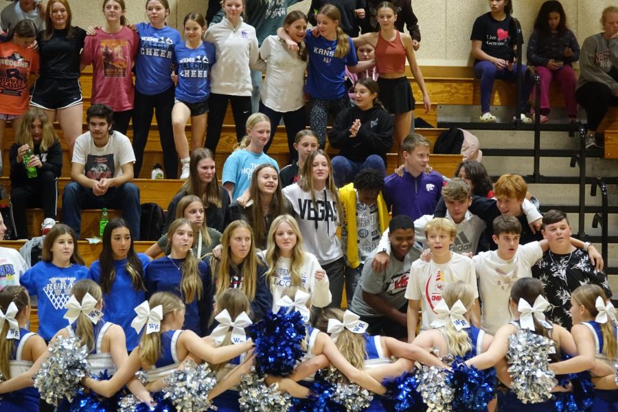 WRMS 8th grade girls basketball makes the crowd go wild during a timeout when they were up against Seamen with not much to go in the game on November 1st. Caption by Brodie Schumacher.
