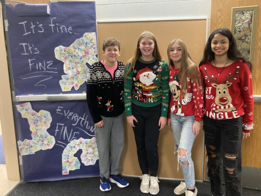 Dec 15: Ugly Holiday Sweater Day
8th graders Wes Deister, Jasmine Warren, Abre Hill, JaDean Payton