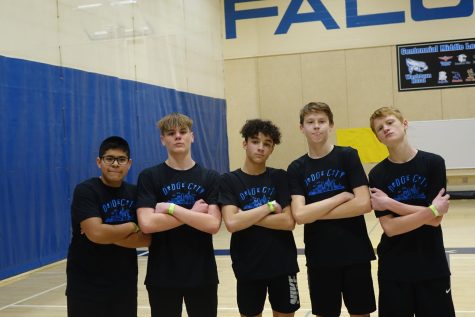8th grade team, Dodge City, poses for a photo after winning the whole tournament on January 27th in A gym. Left to right; Sam Ramirez, Tyler Tangye, Christian Hartman-Babb, Brody Schwinn & Max Bervert.
