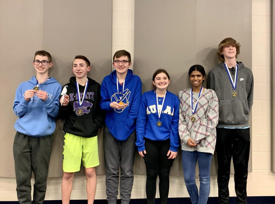 The WRMS 8th-grade Scholars’ bowl team placed first on January 25th, at the  first meet of the year, hosted at WRMS.  From left to right are Kael Harman, Levi Hoskinson, Nathan Poage, Lucy Hundley, Shri Chidambaranathan, and Cooper Schmidt. 