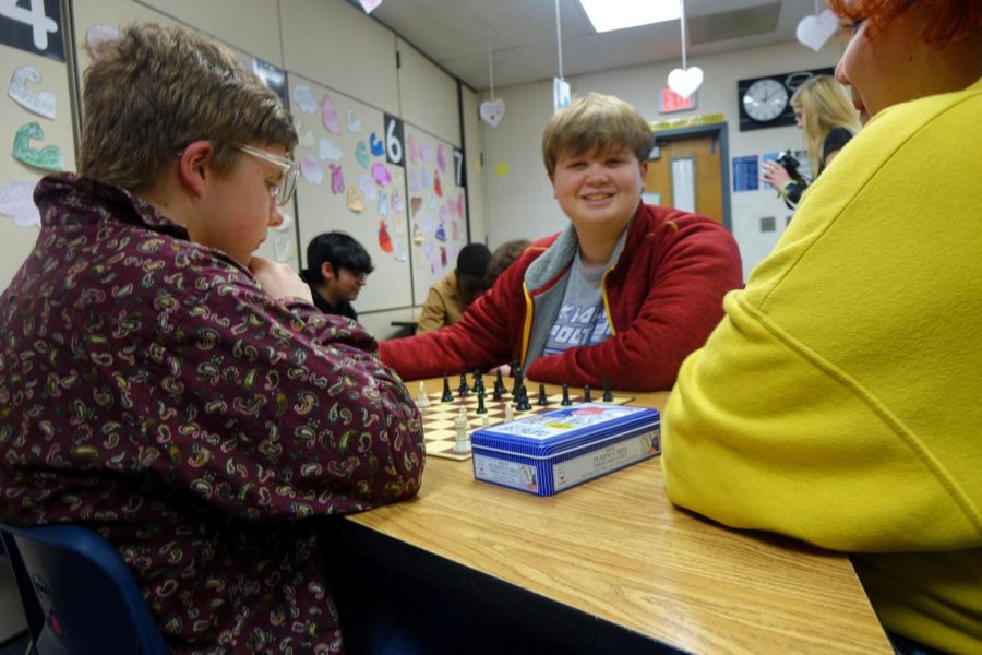 On Thursday March 9th, 8th graders Carter Stilwell & Harrison Snethen play a game of chess in Mrs. Harshbarger’s room during the WAVE Teams end of quarter party. 
