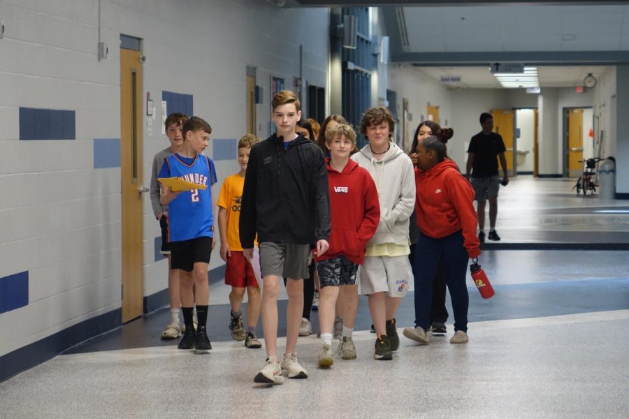 8th graders Luke Deering & Drexel Eaton give the 6th grade Farley students a tour of the WRMS building. 