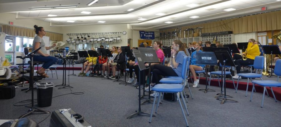 On Tuesday, May 2nd, the 8th grade band practices for their upcoming concert on May 17th. 8th grader Bailey Hansen plays trumpet in the band. Hansen joined band because, ‘It’s what my sister did and I can’t sing.”
