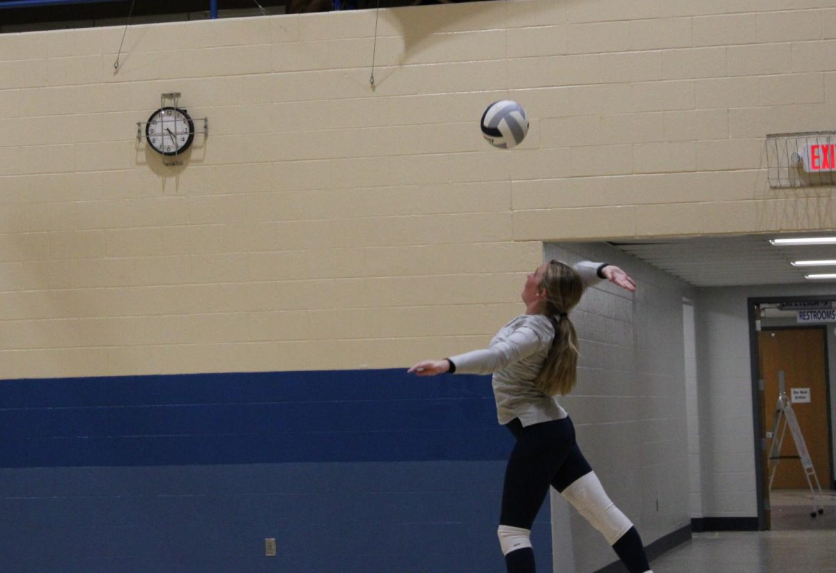 On Monday, September 25th, 8th grade volleyball player, Makenna Lee, serves the ball at a volleyball match, at Washburn Rural Middle School. The team won every game they played. 