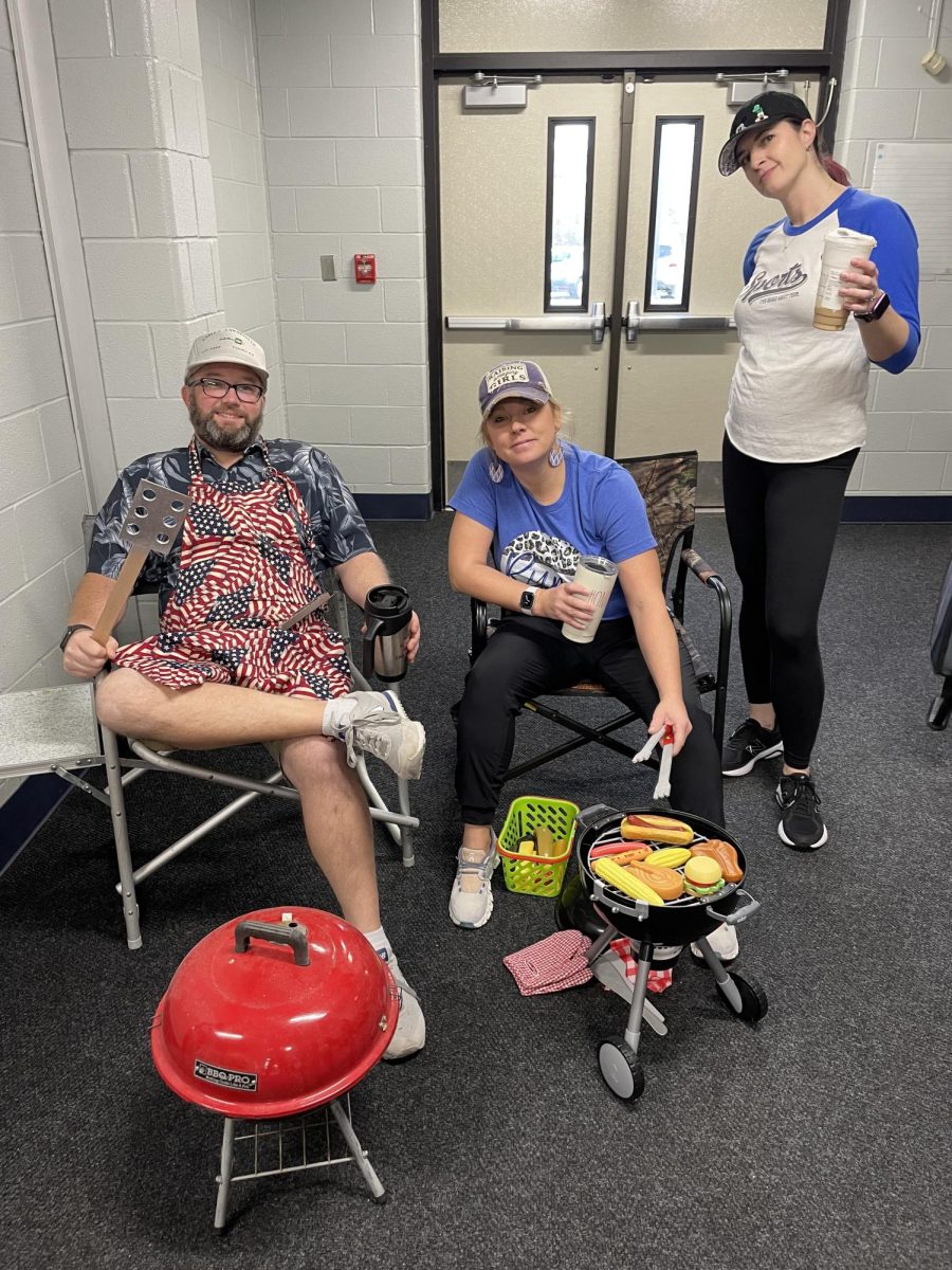After grilling in the hallway, Tech Teacher Mr. Willis confessed that BBQ Dads vs. Soccer Moms was his favorite Spirit Week day “It was fun to see the number of kids that dressed as both Soccer Moms and BBQ dads.  I also was able to dress up very easily since I love Grilling!” His favorite costume was Mrs. Jones, Mrs. Chooncharoen, and Mrs. English as Post Malone, Traffic Cone, and Fred Flintstone on Rhyme Without Reason Day.

