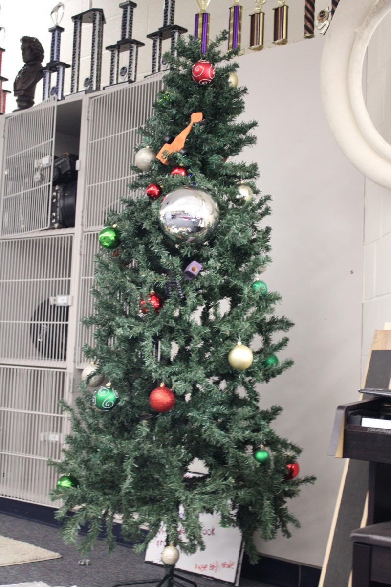 A tree sitting in Mrs. Lambottes band room is not just for decoration. When lost music or folders are found around the room she puts them under the tree as a lost and found. 