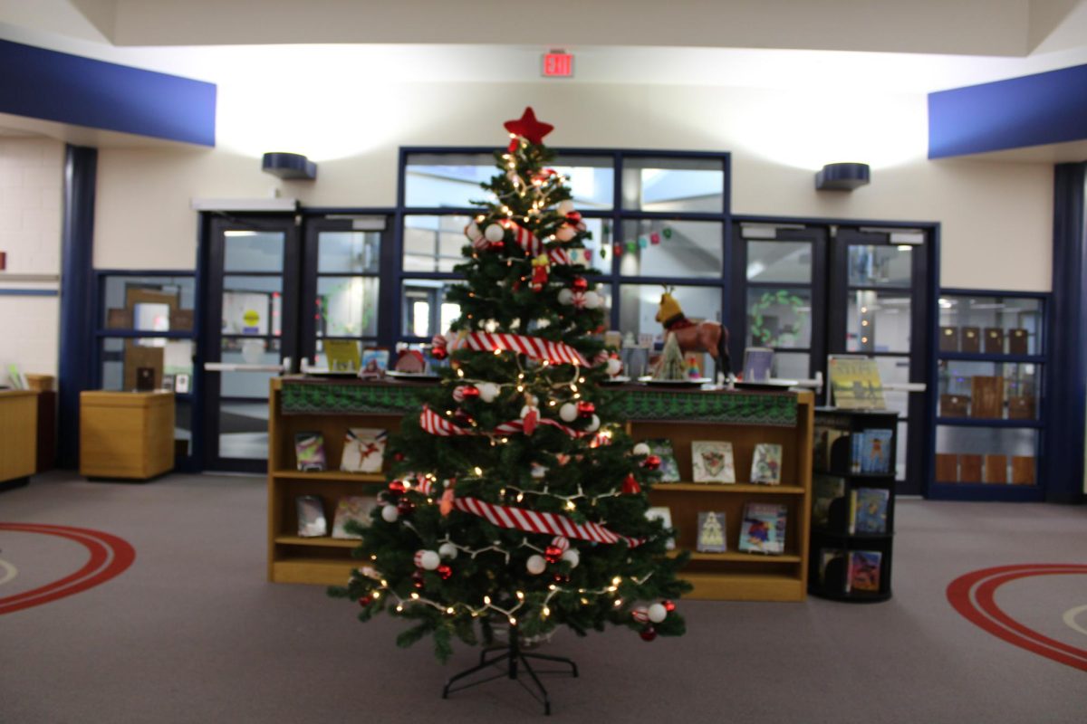 A Christmas tree illuminates in the library for the holidays coming up soon, that Ms. Baranski thought would be a great decoration for the holidays. 