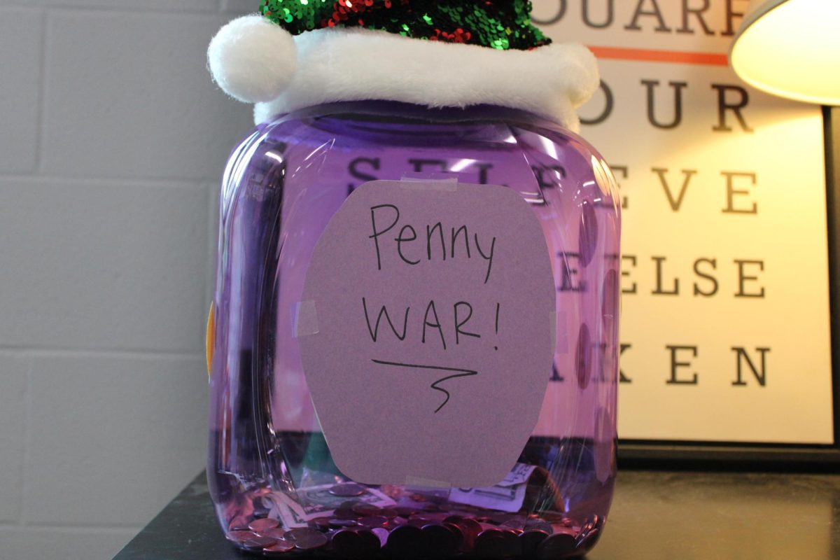 The Penny War jar sits in Mrs. Caseys classroom to collect money for the fundraiser.