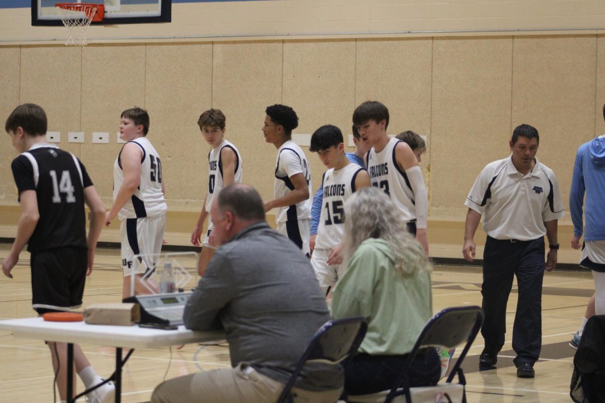 On Feb. 1st, after halftime, 8th graders Keaton Chooncharoen, Everett Un, Miles Bradley, Brooks Ballard, and Austin Girard take the court to finish the game against Lawrence. 
