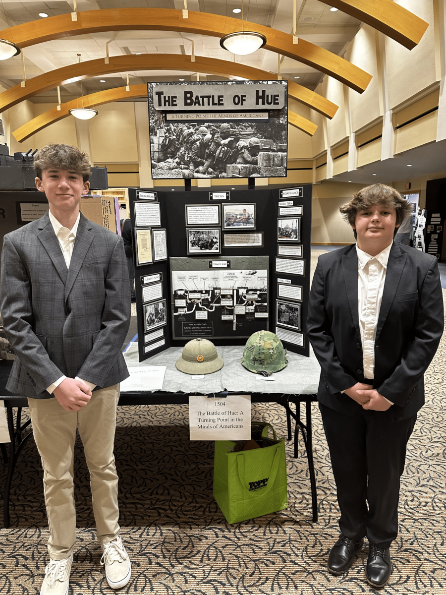 8th graders Daniel Ginzburg and Jack Savenko took second place at District History Day with their group exhibit board, “The Battle of Hue: A Turning Point in the Minds of Americans.”