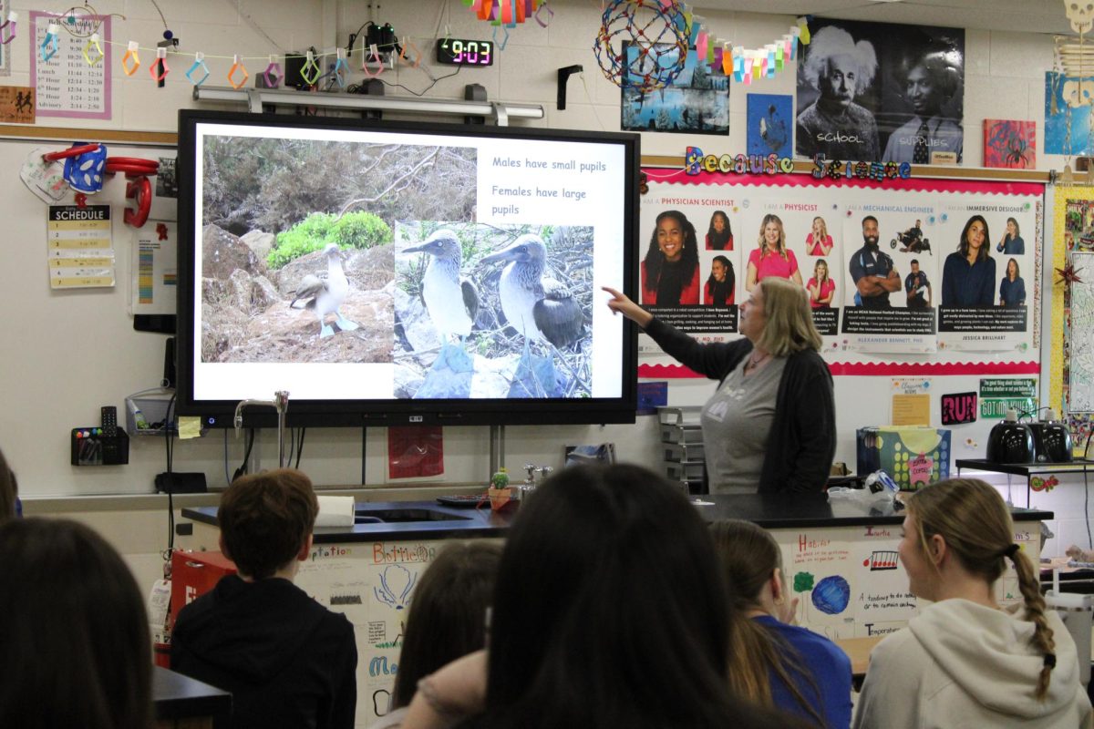 On February 7th in Mrs. Campbells room, Former Eclipse science teacher Mrs. Walters shares with the 7th graders on Comets and Voyagers the difference between male and female birds called “Boobies,” which she saw during her trip to the Galapagos Islands.