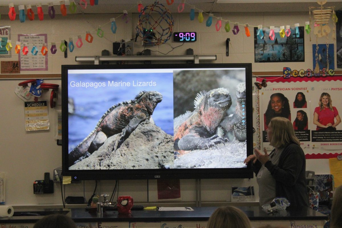 On February 12 in Mrs Campbell’s room, former Eclipse science teacher Mrs. Walters shares with 7th graders, Comets and Voyagers, her experience at the Galapagos Islands, by showing some of the animals she saw there. 