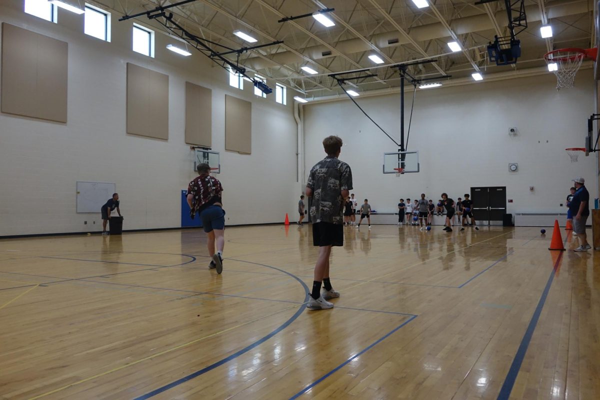 On May 17th 8th grader, Creighton Frisby waits for a perfect time to throw the ball at WRMS to make it to the championship in Gym B. “I don’t think we are going to win, but we are going to try,” Frisby said. 
