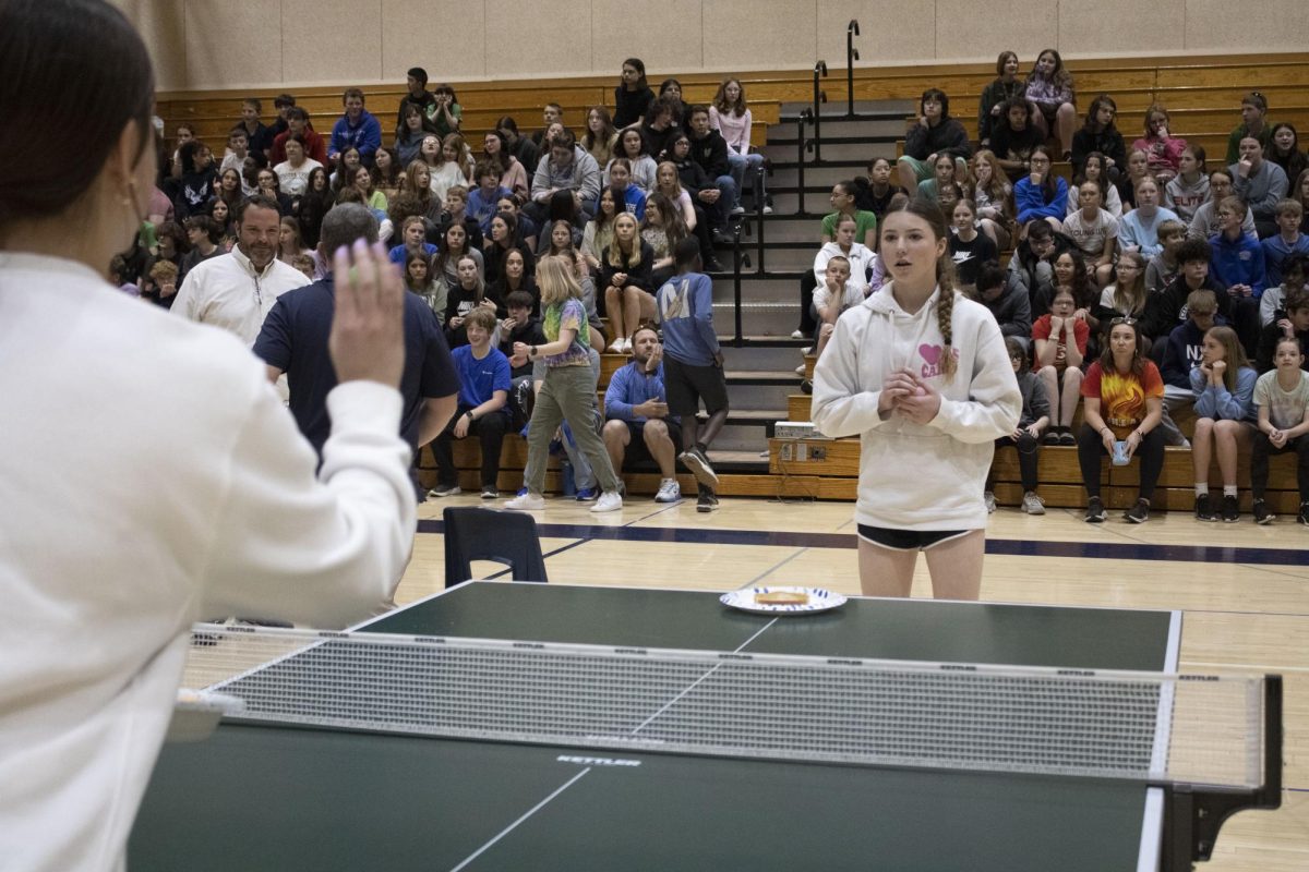  8th grader Rylee Bauer throws a ping pong ball while playing Stickey Situation on April 10th against her mom, Mrs. Bauer.
