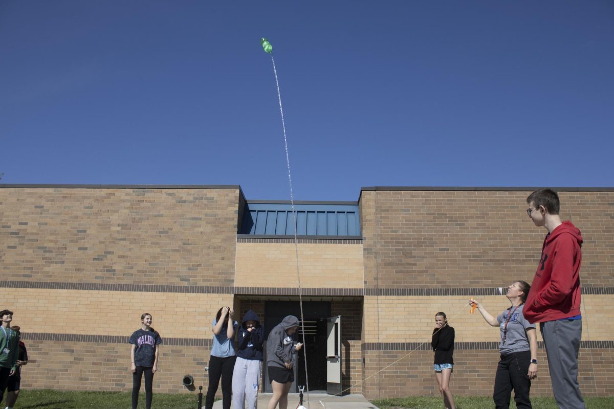 During 3rd hour on April 24th, the 7th grade All Stars science class shoots plastic bottles into the sky for their lab they are working on. 