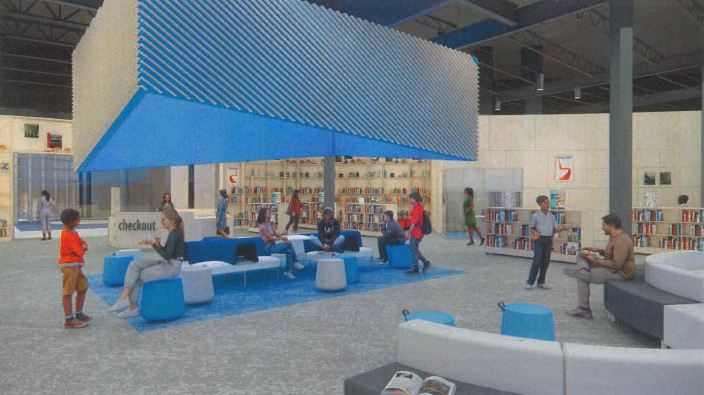  A view of what the campfire reading area would look like in the library.