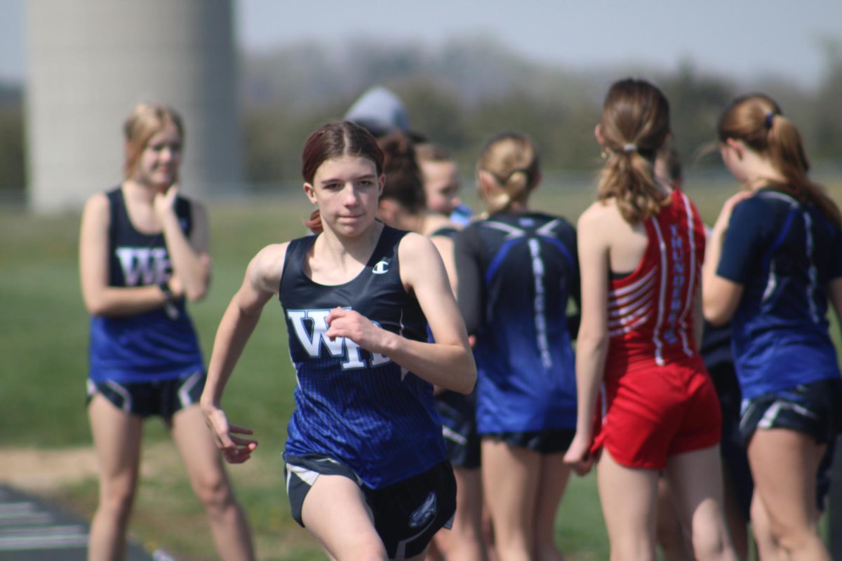 Eighth grader Corah Sholar gets her steps to long jump on April 8th at the WRMS track meet.